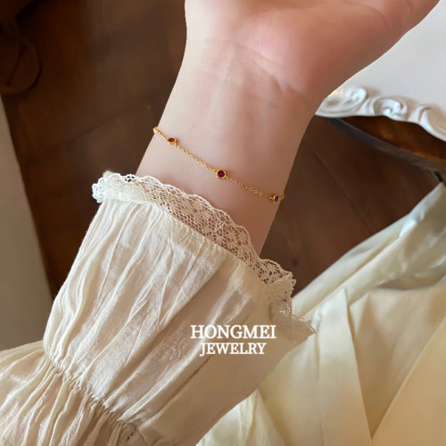 S925純銀鍍18K金紅寶石迷你本命年手鏈小衆精緻輕奢高級氣質手飾