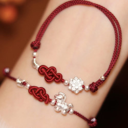 足銀999手鏈順心如意結純銀編織蓮花女新中式精編手繩情侶閨蜜