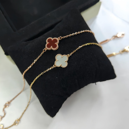 高版四葉草單花mini手鏈女厚鍍18k玫瑰金天然紅玉髓百搭V金不掉色