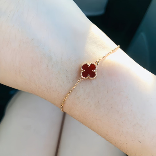 高版四葉草單花mini手鏈女厚鍍18k玫瑰金天然紅玉髓百搭V金不掉色