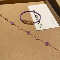 微鑲鋯石紫色四葉花玫瑰金手鏈女馬蹄釦編繩磁吸釦U形頭手飾