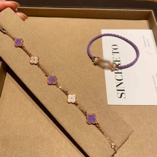 微鑲鋯石紫色四葉花玫瑰金手鏈女馬蹄釦編繩磁吸釦U形頭手飾 微鑲鋯石紫色四葉花玫瑰金手鏈女馬蹄釦編繩磁吸釦U形頭手飾