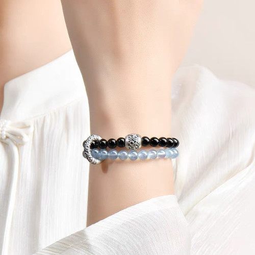 2025新品天然海藍寶黑曜石雙圈手鏈999足銀祥雲黃虎 手串男女禮物 2025新品天然海藍寶黑曜石雙圈手鏈999足銀祥雲黃虎 手串男女禮物