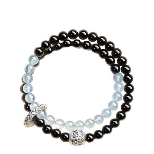 2025新品天然海藍寶黑曜石雙圈手鏈999足銀祥雲黃虎 手串男女禮物 2025新品天然海藍寶黑曜石雙圈手鏈999足銀祥雲黃虎 手串男女禮物