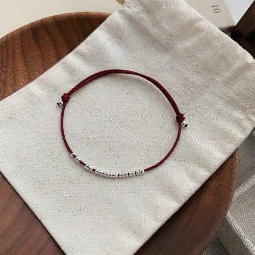 S925純銀小圓環手繩女簡約小衆設計時尚手工編織手鏈氣質曡戴手飾