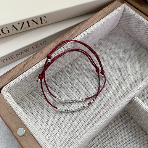 S925純銀小圓環手繩女簡約小衆設計時尚手工編織手鏈氣質曡戴手飾