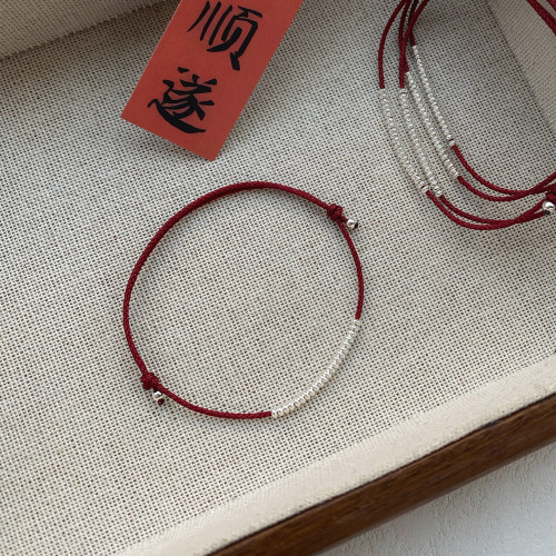 S925純銀小圓環手繩女簡約小衆設計時尚手工編織手鏈氣質曡戴手飾