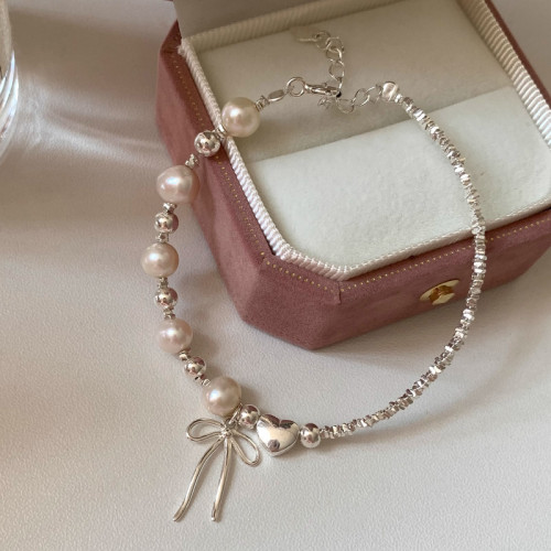 韓版蝴蝶結愛心珍珠碎銀手鏈女簡約冷淡風輕奢小衆精緻百搭高級感 韓版蝴蝶結愛心珍珠碎銀手鏈女簡約冷淡風輕奢小衆精緻百搭高級感