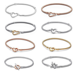 潘家多拉白銅鍍s925銀愛心T形釦蛇骨鏈氣質百搭輕奢手鏈蛇骨鏈