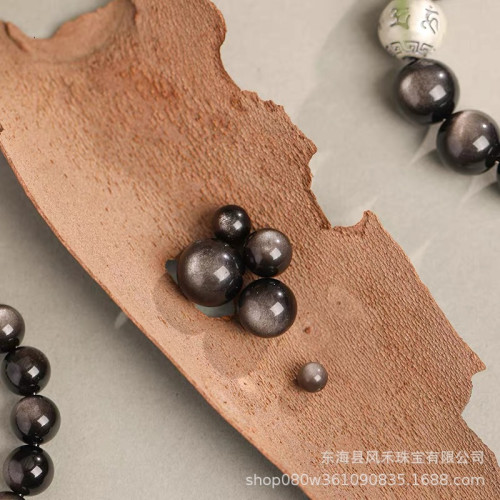 足銀六字箴言好運珠手鏈男女款天然黑曜石水晶銀曜石情侶手串彿珠