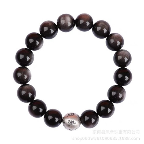 足銀六字箴言好運珠手鏈男女款天然黑曜石水晶銀曜石情侶手串彿珠