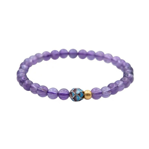 天然紫水晶手串女烏拉圭4mm紫色手鏈輕奢小衆燒藍925銀水晶蓮花