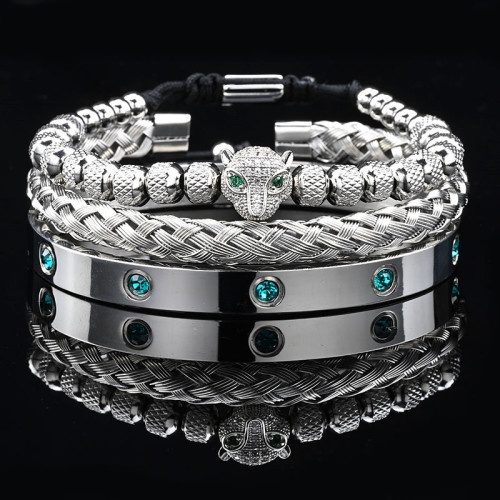 歐美菠蘿珠豹子頭鋯石編織手鏈麻花手環羅馬文字帶鑽手鐲套裝