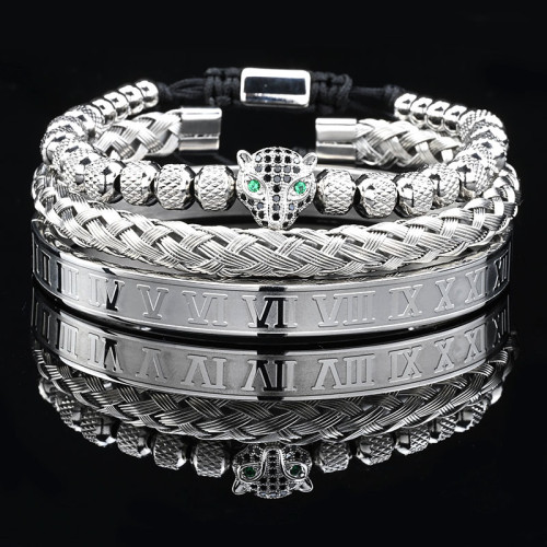 歐美菠蘿珠豹子頭鋯石編織手鏈麻花手環羅馬文字帶鑽手鐲套裝