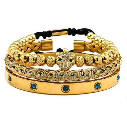 歐美菠蘿珠豹子頭鋯石編織手鏈麻花手環羅馬文字帶鑽手鐲套裝