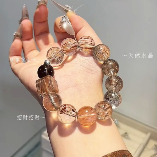 天然黑金超七方糖水晶手串旺財運招財轉運髮晶手鏈女高級感