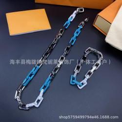 驢家竹節淬火手鏈鈦鋼古巴嘻哈情侶系列藍色拼色拼接歐美項鍊
