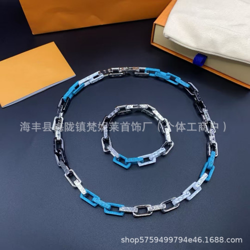 驢家竹節淬火手鏈鈦鋼古巴嘻哈情侶系列藍色拼色拼接歐美項鍊 驢家竹節淬火手鏈鈦鋼古巴嘻哈情侶系列藍色拼色拼接歐美項鍊