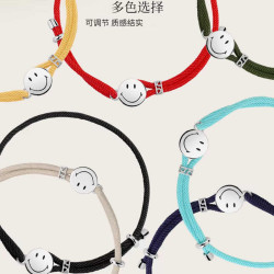 幸運笑臉手工編織黑色手繩鍍925銀手鏈小衆高級感禮物情侶飾品