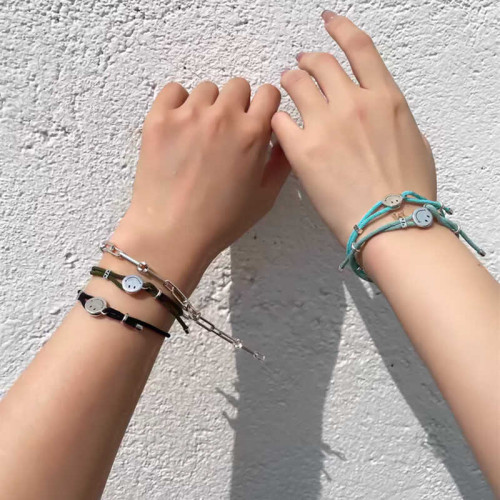 幸運笑臉手工編織黑色手繩鍍925銀手鏈小衆高級感禮物情侶飾品