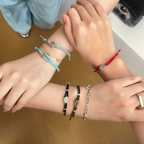 幸運笑臉手工編織黑色手繩鍍925銀手鏈小衆高級感禮物情侶飾品