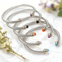 不鏽鋼鋼線手鐲手鏈女黑白珠水晶綠松石麻花鋼絲珍珠鈦鋼手環加工