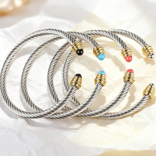 不鏽鋼鋼線手鐲手鏈女黑白珠水晶綠松石麻花鋼絲珍珠鈦鋼手環加工