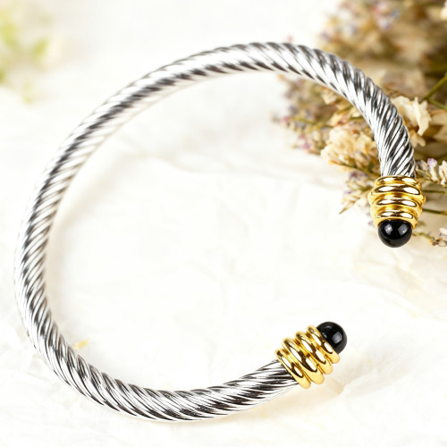 不鏽鋼鋼線手鐲手鏈女黑白珠水晶綠松石麻花鋼絲珍珠鈦鋼手環加工