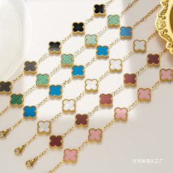 網紅新款四葉手鏈女韓國簡約五花貝母好運四葉鈦鋼手飾鏈