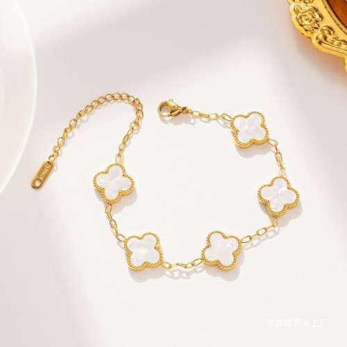 網紅新款四葉手鏈女韓國簡約五花貝母好運四葉鈦鋼手飾鏈