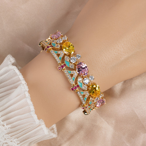 女珠寶套裝飾品鋯石手鏈高級感粉色鋯石幾何輕奢卡釦手鏈