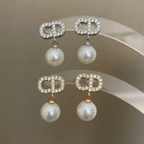 甜貴千金CD字母微鑲鋯石珍珠925銀針高級感氣質輕奢耳釘獨特耳飾