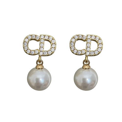 甜貴千金CD字母微鑲鋯石珍珠925銀針高級感氣質輕奢耳釘獨特耳飾