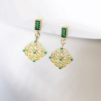 925銀針小衆耳釘復古蕾絲綠色鋯石耳環女 輕奢高級感氣質花朵耳墜