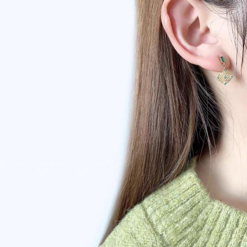 925銀針小衆耳釘復古蕾絲綠色鋯石耳環女 輕奢高級感氣質花朵耳墜