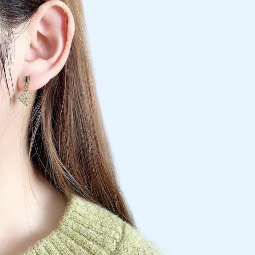925銀針小衆耳釘復古蕾絲綠色鋯石耳環女 輕奢高級感氣質花朵耳墜