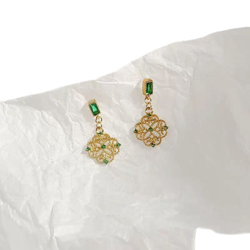 925銀針小衆耳釘復古蕾絲綠色鋯石耳環女 輕奢高級感氣質花朵耳墜