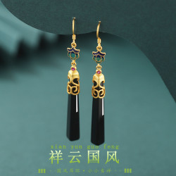 悅爾心原創925銀黑瑪瑙耳環女簡約長款幾何黑色琺瑯大氣耳釘耳墜