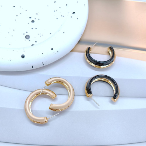 歐美風C字耳環新款流蘇復古耳圈電鍍24k真金雙色925銀針耳飾