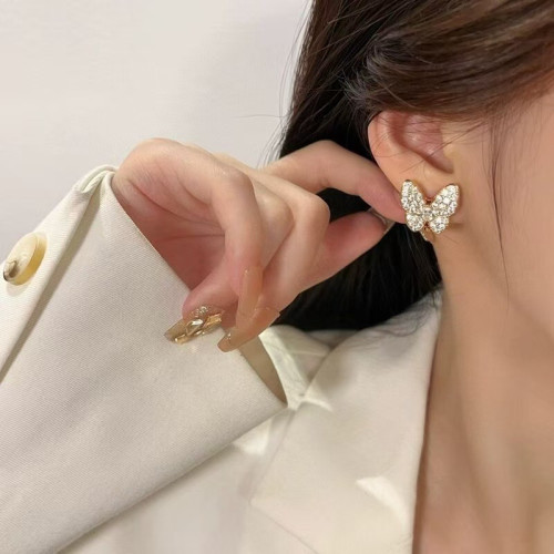 925純銀高版本滿鑽蝴蝶耳拍鍍18K金鑲鑽蝴蝶耳環耳飾耳釘