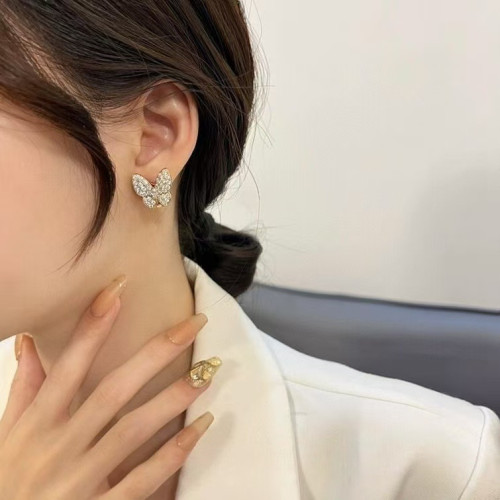 925純銀高版本滿鑽蝴蝶耳拍鍍18K金鑲鑽蝴蝶耳環耳飾耳釘
