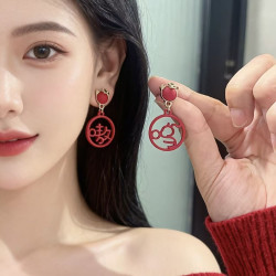 925銀針虎年新款嗷嗚吊墜國風文字耳釘小衆設計紅色本命年耳飾