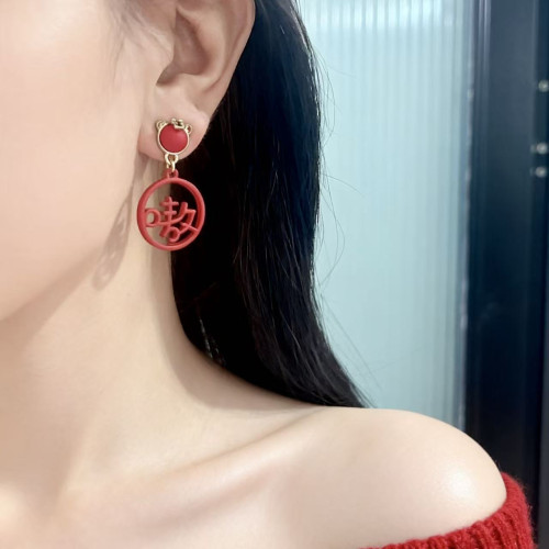 925銀針虎年新款嗷嗚吊墜國風文字耳釘小衆設計紅色本命年耳飾