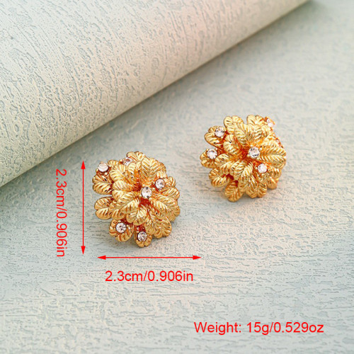高級金屬感鑲鑽富貴花朵925銀針耳釘高保色18K金電鍍時尚氣質耳環