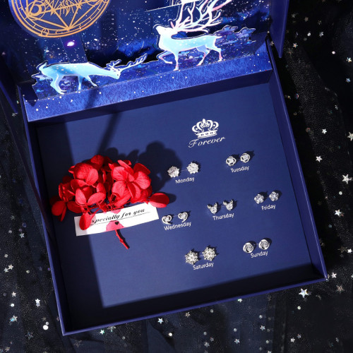 925純銀一周一星期耳釘女純銀七對耳環七夕情人節禮物實用禮盒裝 925純銀一周一星期耳釘女純銀七對耳環七夕情人節禮物實用禮盒裝