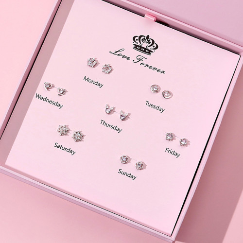 925純銀一周一星期耳釘女純銀七對耳環七夕情人節禮物實用禮盒裝 925純銀一周一星期耳釘女純銀七對耳環七夕情人節禮物實用禮盒裝