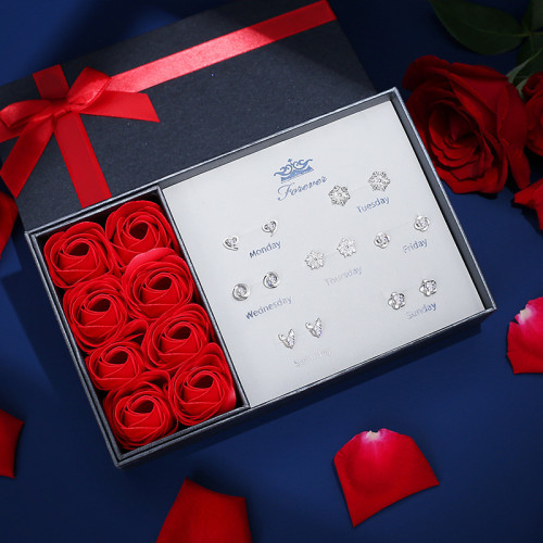 925純銀一周一星期耳釘女純銀七對耳環七夕情人節禮物實用禮盒裝 925純銀一周一星期耳釘女純銀七對耳環七夕情人節禮物實用禮盒裝