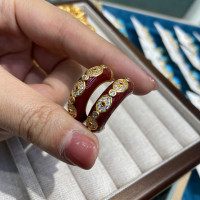 Vintage時尚法式中古風安哥拉紅滴釉鑲鋯石半圓耳釘925銀針耳飾女