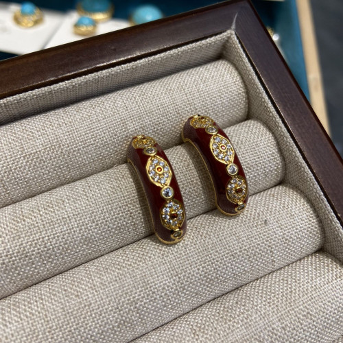 Vintage時尚法式中古風安哥拉紅滴釉鑲鋯石半圓耳釘925銀針耳飾女 Vintage時尚法式中古風安哥拉紅滴釉鑲鋯石半圓耳釘925銀針耳飾女