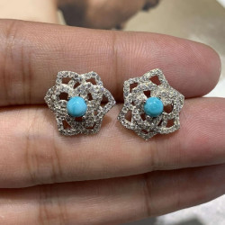 天然原礦湖北綠松石耳釘通體925銀鑲嵌綠松石耳釘